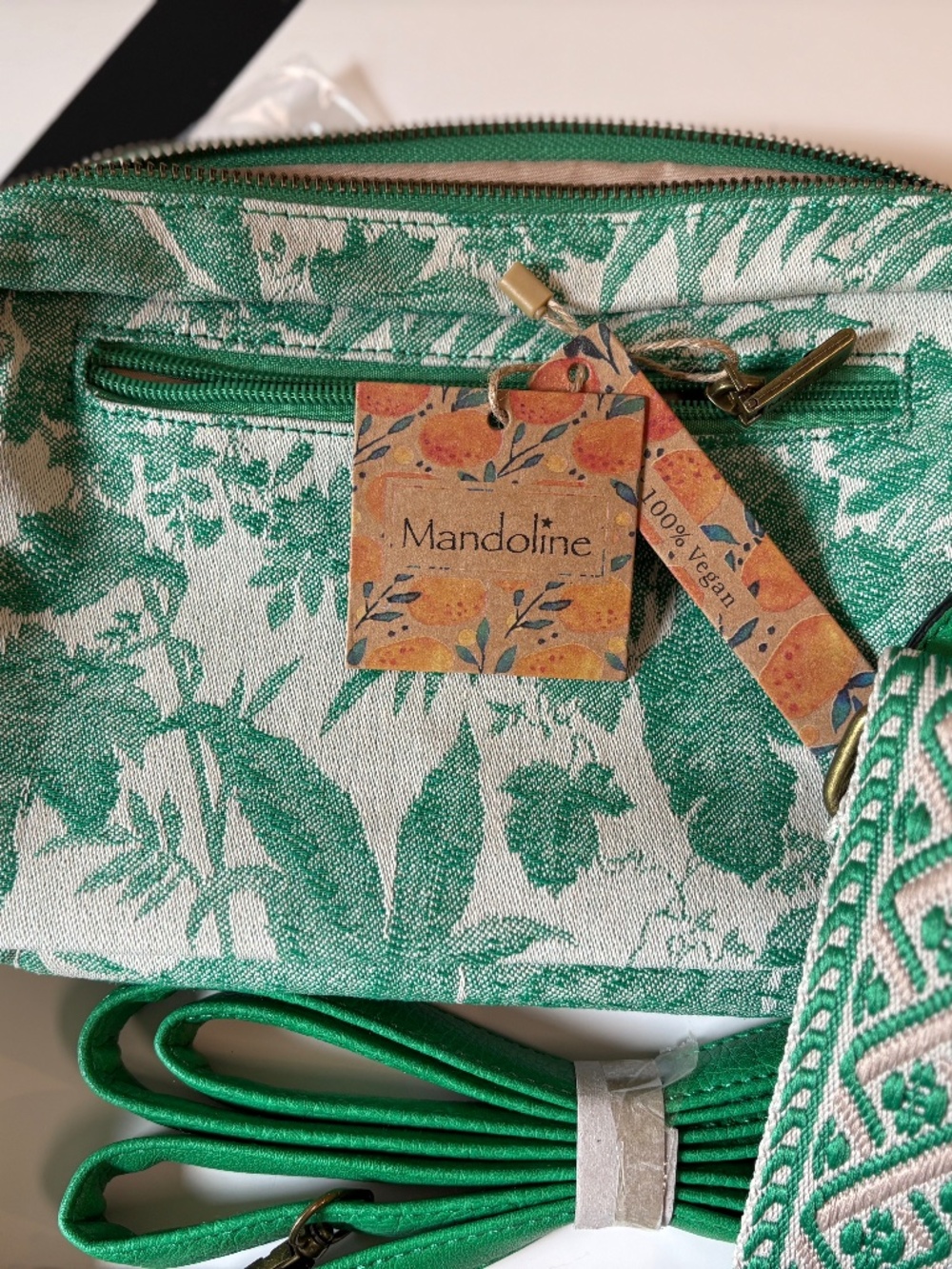 European Mandoline Fabric and Vegan Leather Crossbody Purse NWT
